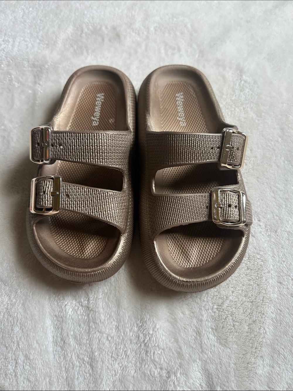 Metallic Bronze Slide Sandals with Buckle Straps